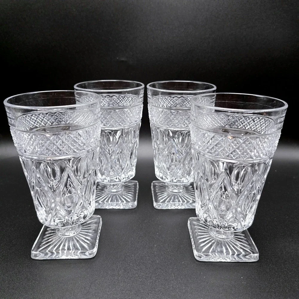 Vintage Clear Pressed Glass‎ Footed Goblets Set of 4 Square Base Diamond Pattern